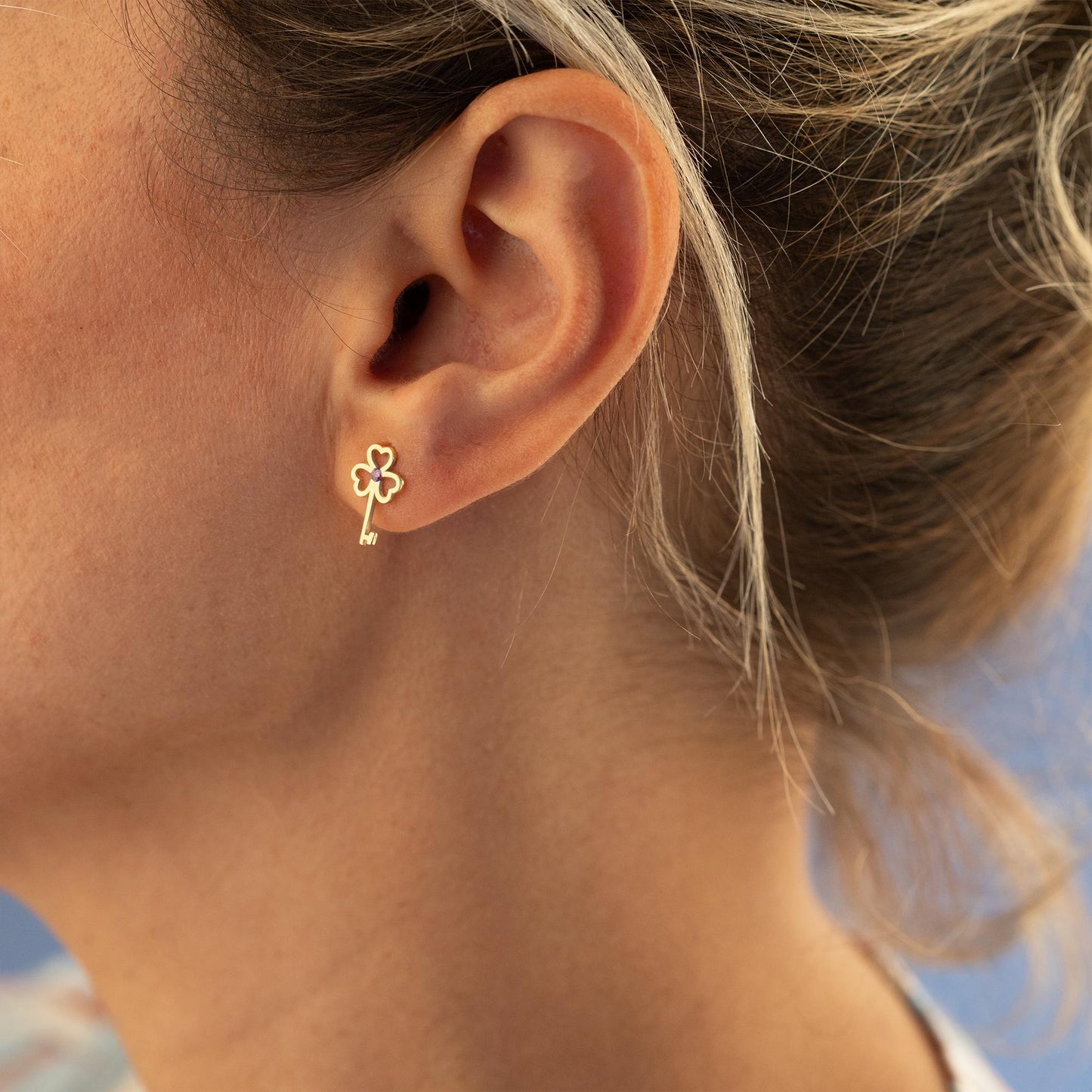 Tiny Gold Studs - Dainty Birthstone Earrings - Birthday Gift - Love and Lucky Clover Earring - Gold Clover Earrings - Gift For Mother