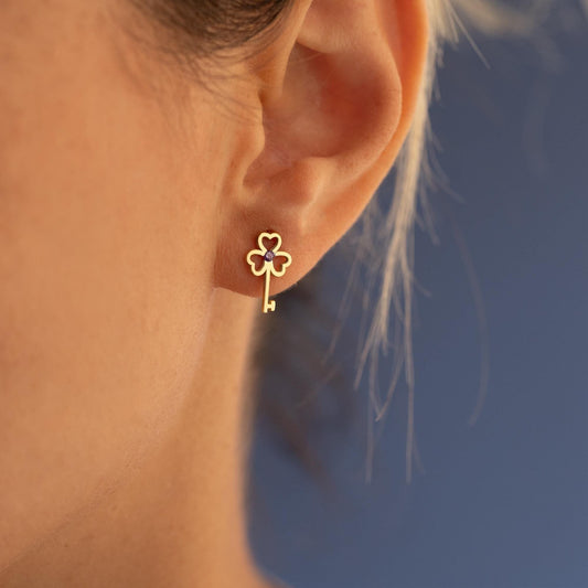 Tiny Gold Studs - Dainty Birthstone Earrings - Birthday Gift - Love and Lucky Clover Earring - Gold Clover Earrings - Gift For Mother